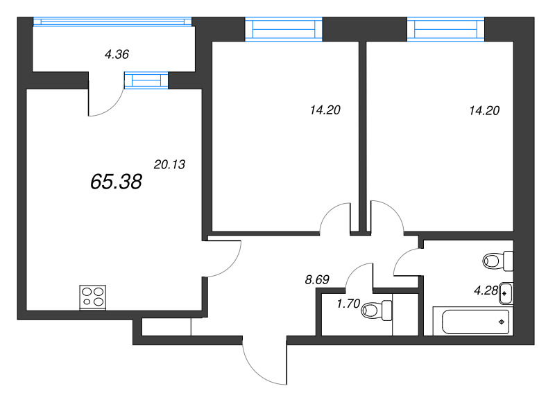 3-комнатная (Евро) квартира, 65.38 м² - планировка, фото №1