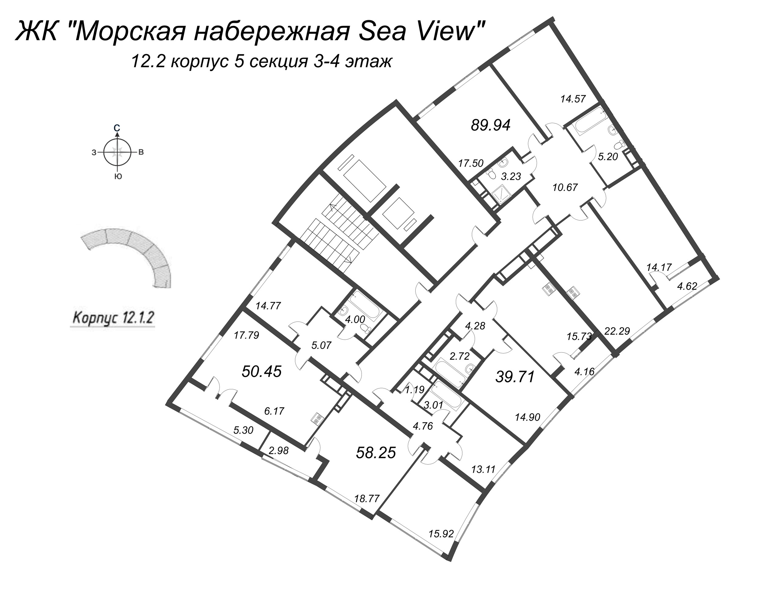 4-комнатная (Евро) квартира, 89.94 м² в ЖК "Морская набережная. SeaView" - планировка этажа