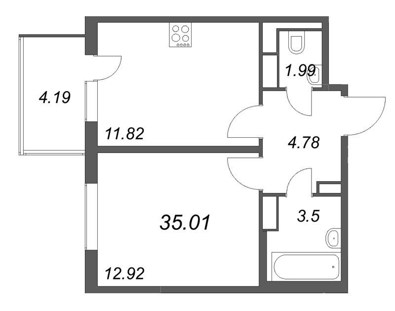 1-комнатная квартира, 35.01 м² в ЖК "ЮгТаун" - планировка, фото №1
