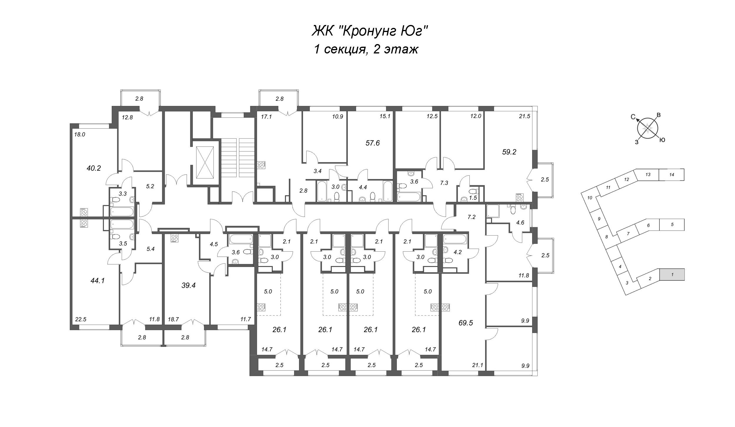 Квартира-студия, 26.1 м² в ЖК "Кронунг ЮГ" - планировка этажа