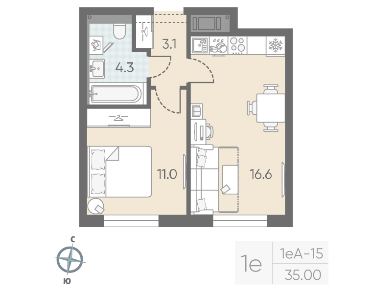 2-комнатная (Евро) квартира, 35 м² в ЖК "Большая Охта" - планировка, фото №1