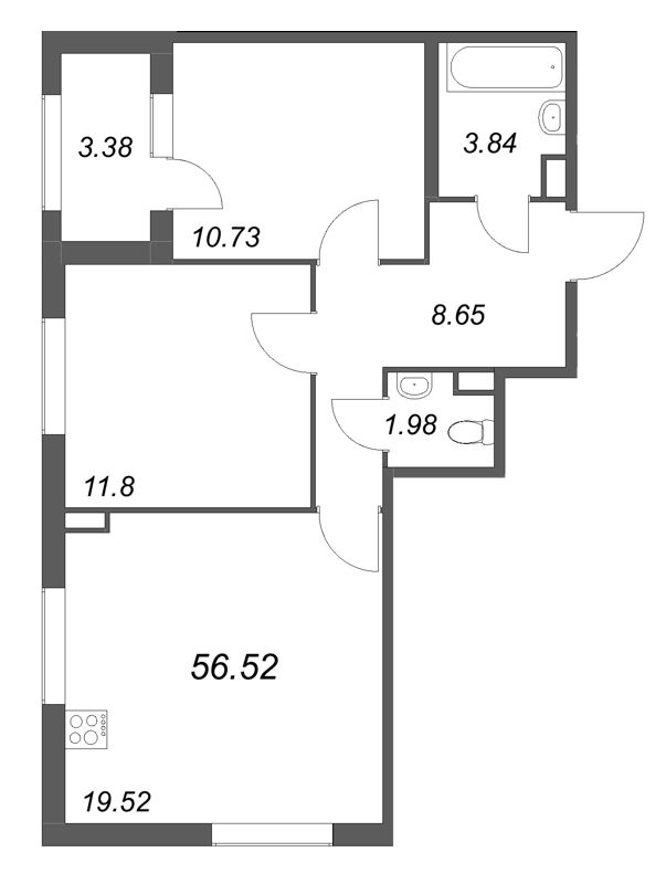 3-комнатная (Евро) квартира, 56.52 м² в ЖК "Дубровский" - планировка, фото №1