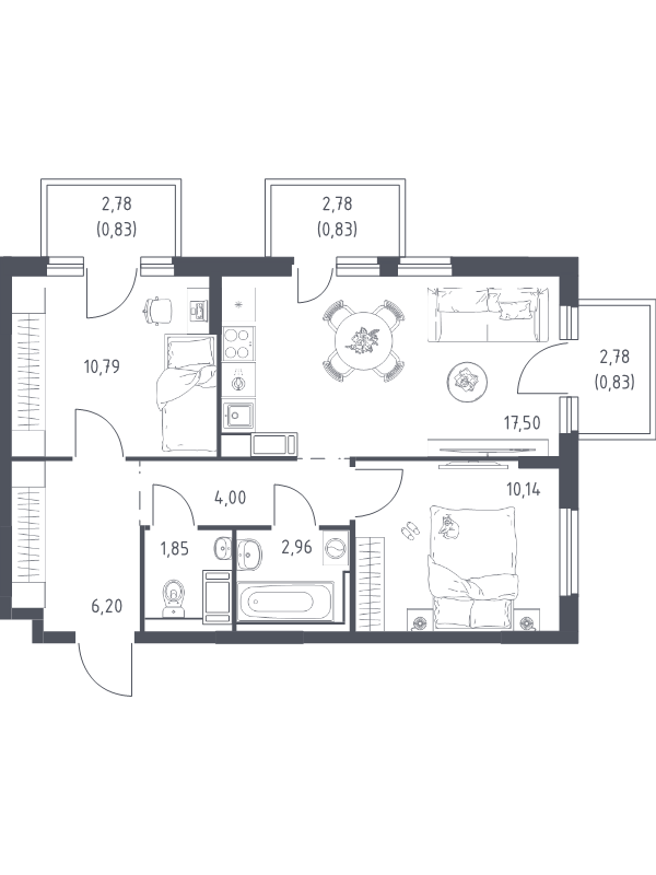 3-комнатная (Евро) квартира, 55.48 м² в ЖК "Новое Колпино" - планировка, фото №1