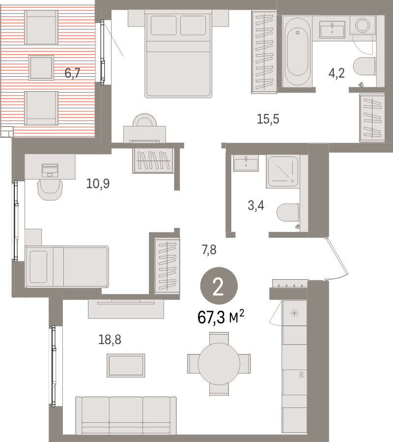 3-комнатная (Евро) квартира, 67.3 м² в ЖК "Брусника в Новоселье" - планировка, фото №1