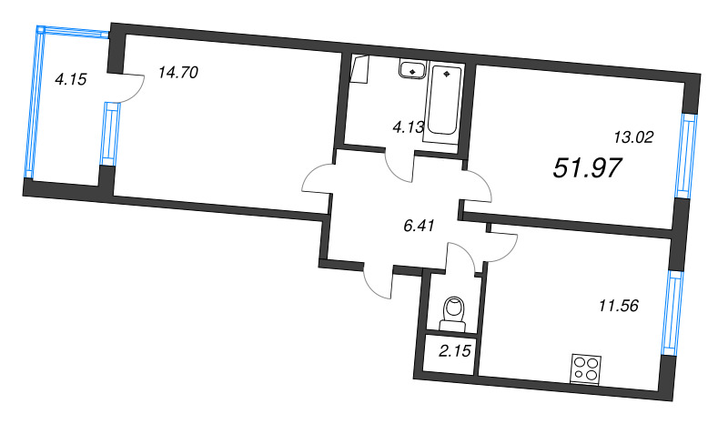 2-комнатная квартира, 51.97 м² в ЖК "ЮгТаун" - планировка, фото №1