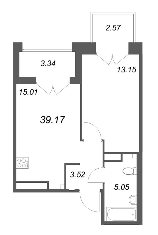 2-комнатная (Евро) квартира, 39.17 м² в ЖК "Ranta Residence" - планировка, фото №1