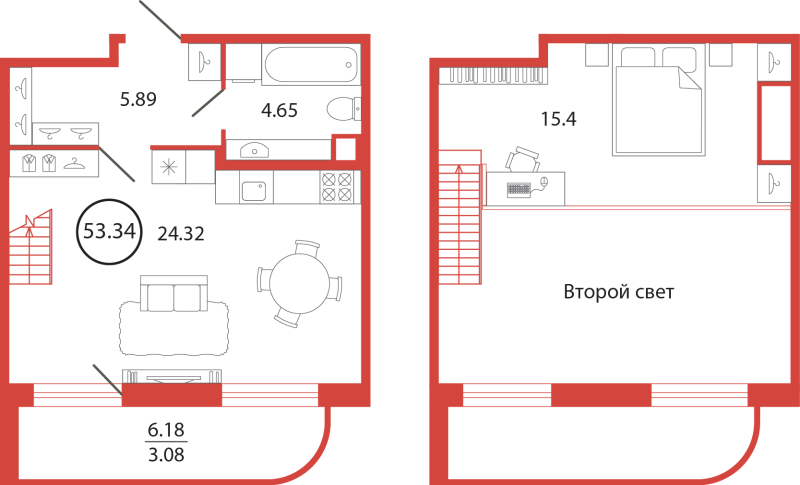 2-комнатная (Евро) квартира, 53.34 м² в ЖК "Энфилд" - планировка, фото №1