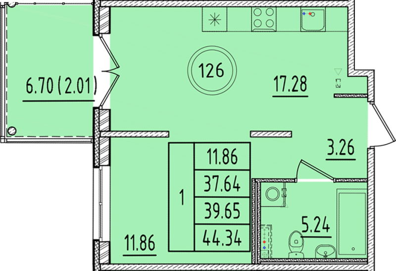 2-комнатная (Евро) квартира, 37.64 м² - планировка, фото №1