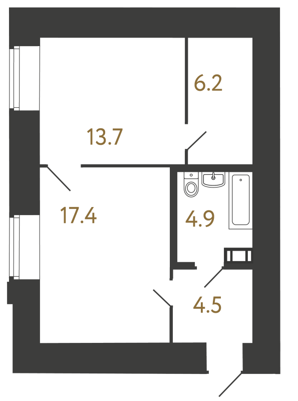 2-комнатная (Евро) квартира, 46.7 м² в ЖК "Типография" - планировка, фото №1