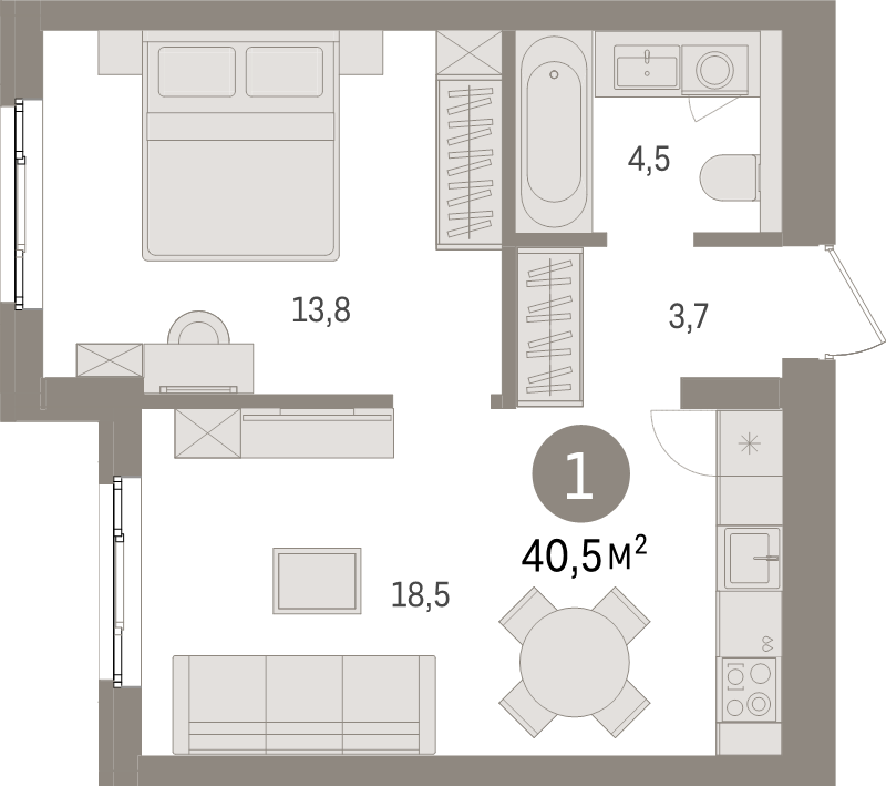 2-комнатная (Евро) квартира, 40.5 м² в ЖК "Брусника в Новоселье" - планировка, фото №1