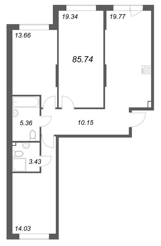 4-комнатная (Евро) квартира, 85.74 м² в ЖК "Охтинские высоты" - планировка, фото №1