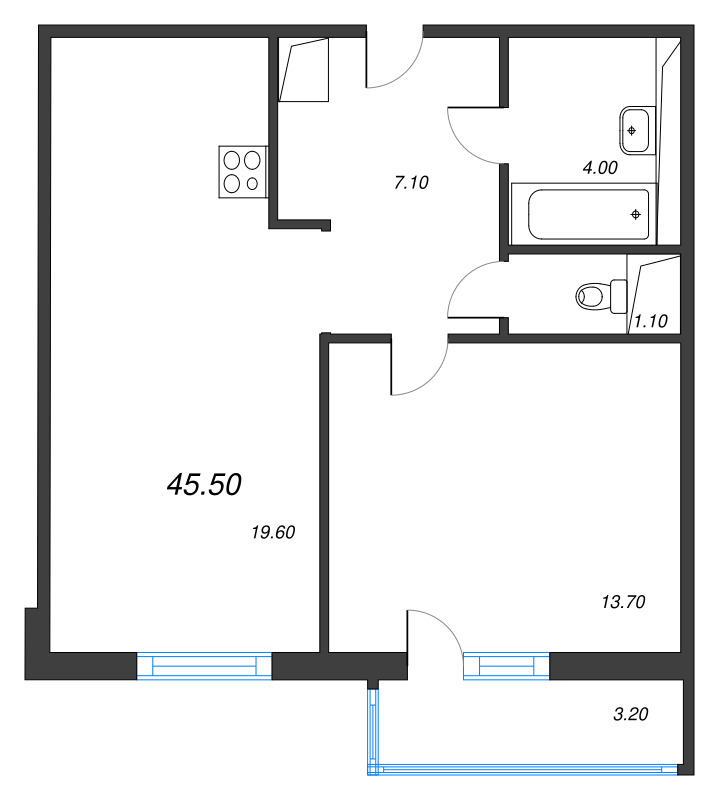 2-комнатная (Евро) квартира, 45.5 м² в ЖК "Руднева 15" - планировка, фото №1
