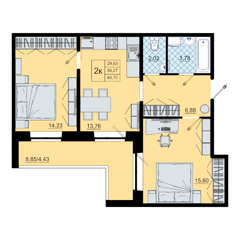 2-комнатная квартира, 60.7 м² - планировка, фото №1