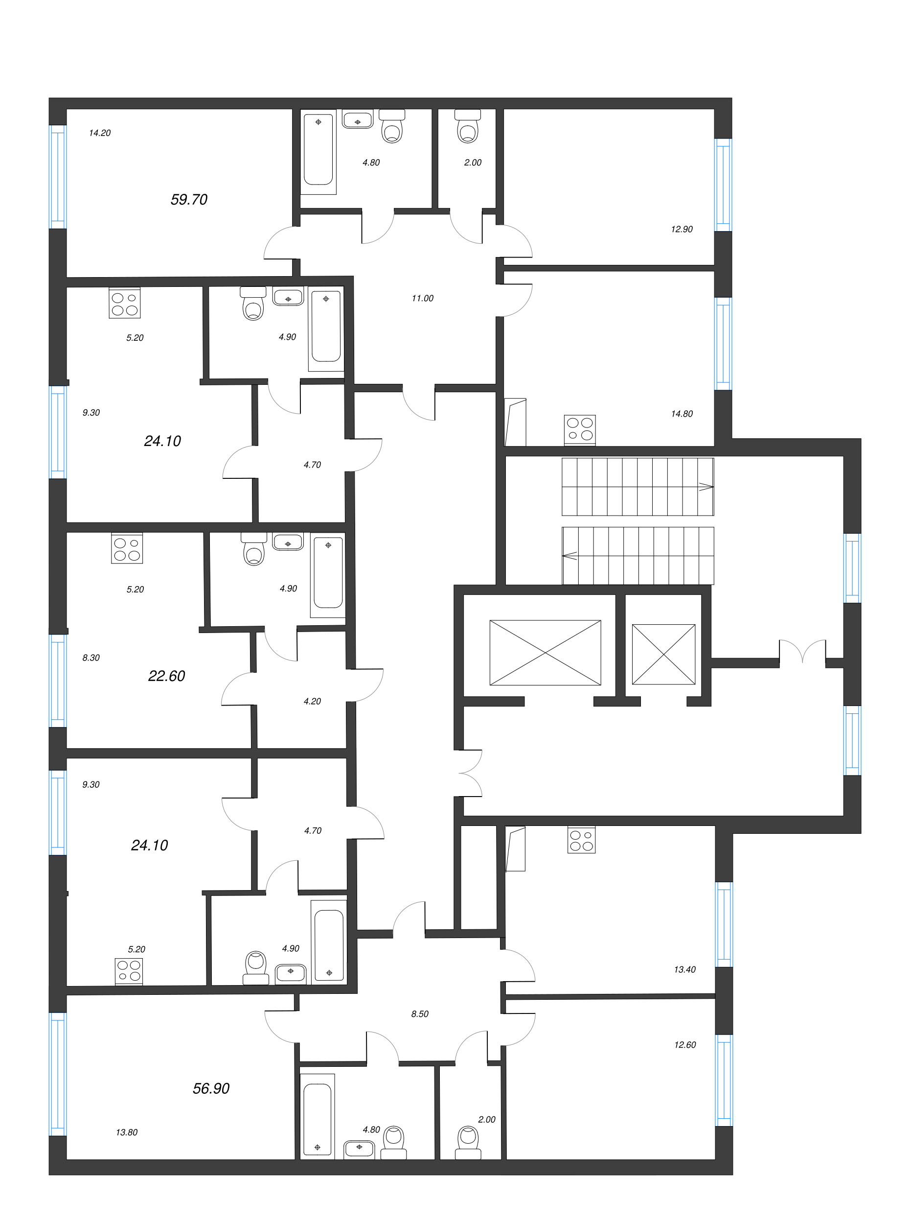2-комнатная квартира, 59.7 м² в ЖК "Монография" - планировка этажа