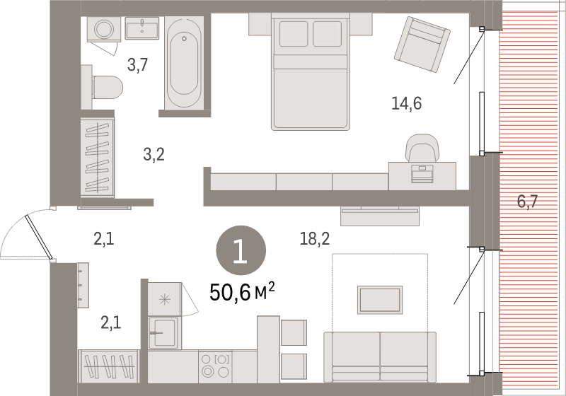 2-комнатная (Евро) квартира, 50.6 м² в ЖК "Северный ветер" - планировка, фото №1