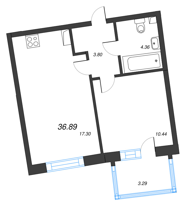 2-комнатная (Евро) квартира, 36.89 м² в ЖК "Бульвар Грина" - планировка, фото №1