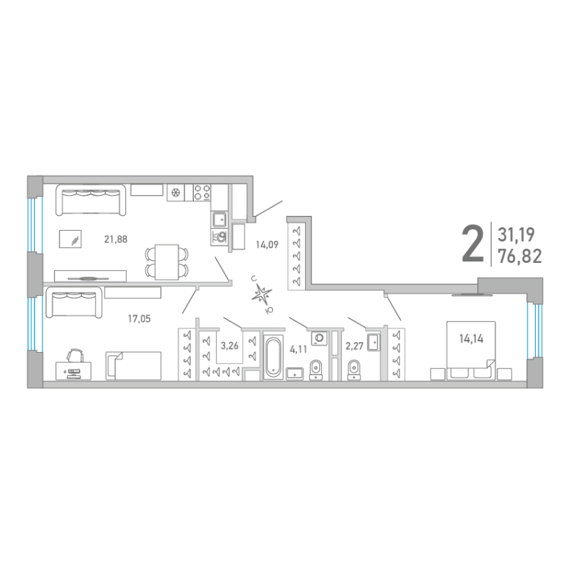 3-комнатная (Евро) квартира, 76.82 м² - планировка, фото №1
