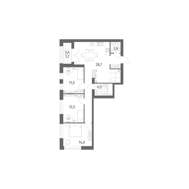3-комнатная квартира, 85.43 м² в ЖК "Наука" - планировка, фото №1