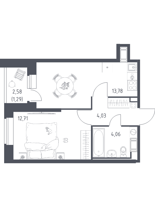 1-комнатная квартира, 35.87 м² в ЖК "Живи! В Рыбацком" - планировка, фото №1