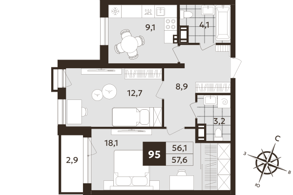 2-комнатная квартира, 56.1 м² в ЖК "Дом на Бронницкой" - планировка, фото №1