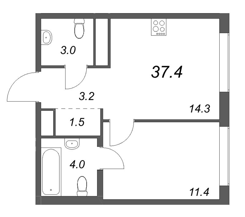 1-комнатная квартира, 37.4 м² в ЖК "Гений" - планировка, фото №1