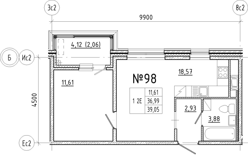 2-комнатная (Евро) квартира, 39.05 м² в ЖК "N8" - планировка, фото №1