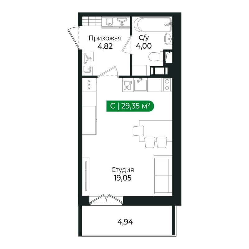 Квартира-студия, 27.8 м² в ЖК "Сертолово Парк" - планировка, фото №1