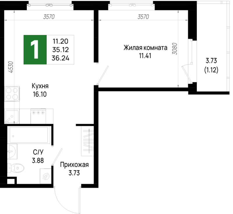 2-комнатная (Евро) квартира, 36.24 м² в ЖК "Имена" - планировка, фото №1