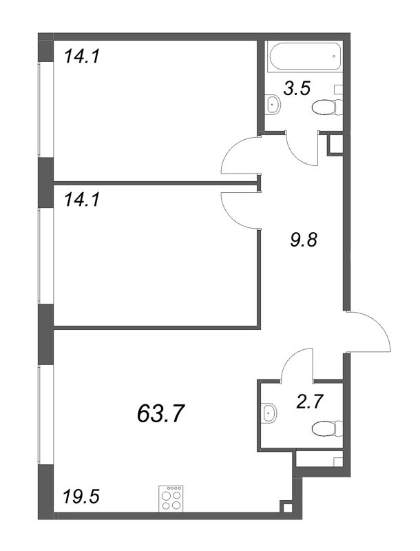 3-комнатная (Евро) квартира, 63.7 м² в ЖК "Кронунг ЮГ" - планировка, фото №1