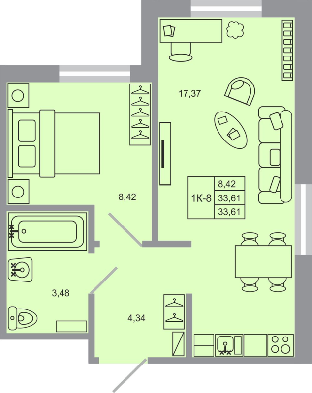 2-комнатная (Евро) квартира, 33.61 м² - планировка, фото №1