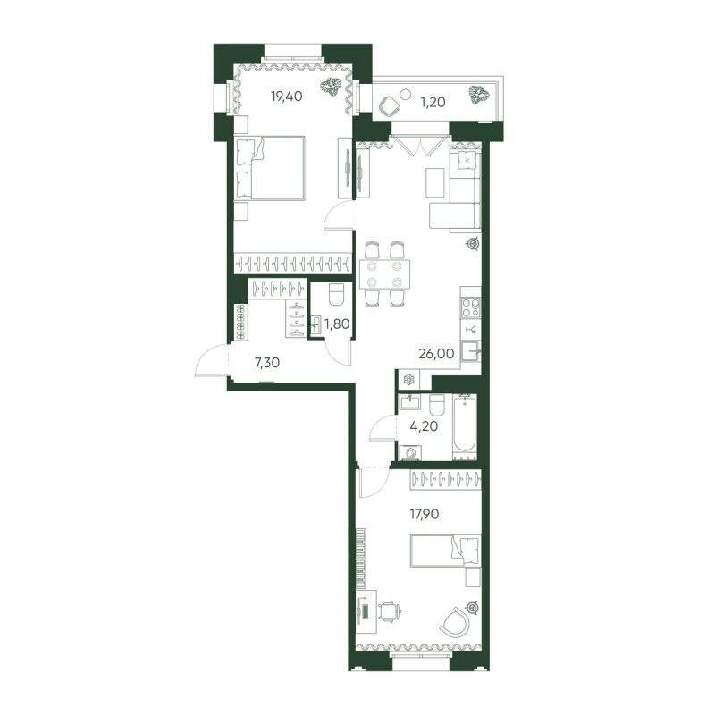 3-комнатная (Евро) квартира, 77.8 м² в ЖК "Моисеенко 10" - планировка, фото №1
