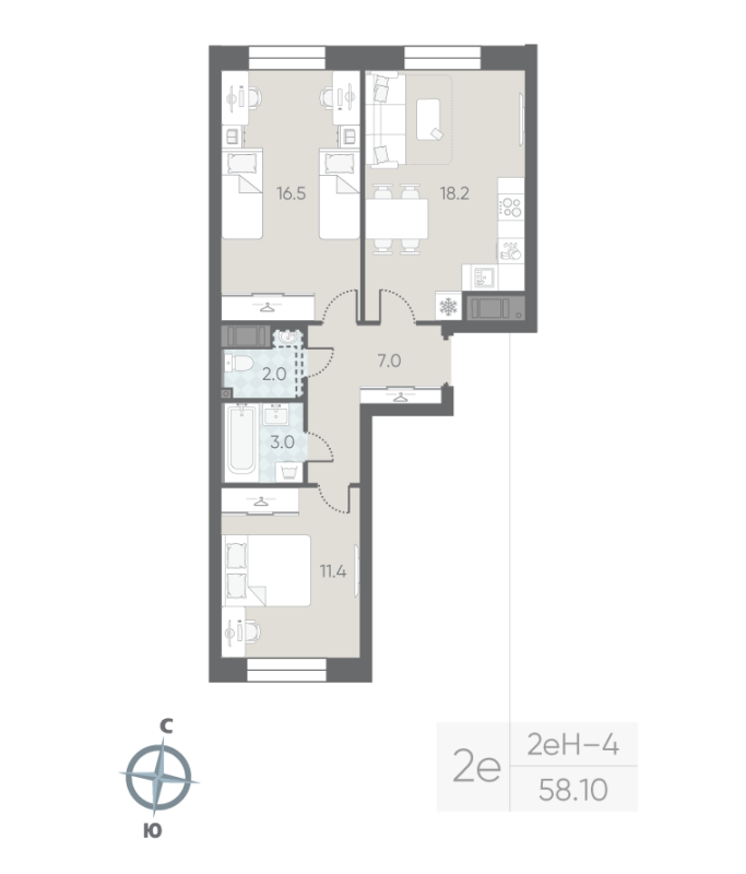3-комнатная (Евро) квартира, 58.1 м² - планировка, фото №1