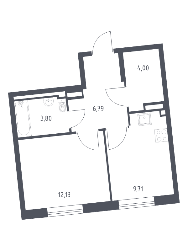 1-комнатная квартира, 36.43 м² - планировка, фото №1