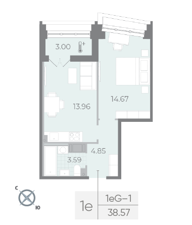 1-комнатная квартира, 38.57 м² - планировка, фото №1