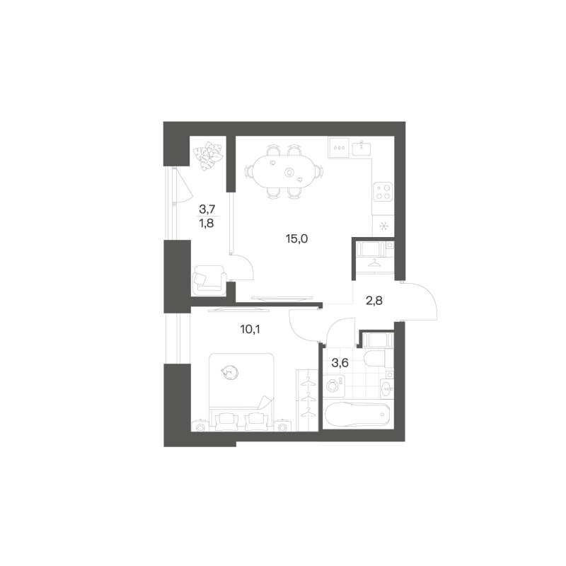 2-комнатная (Евро) квартира, 33.35 м² в ЖК "Новый Питер" - планировка, фото №1