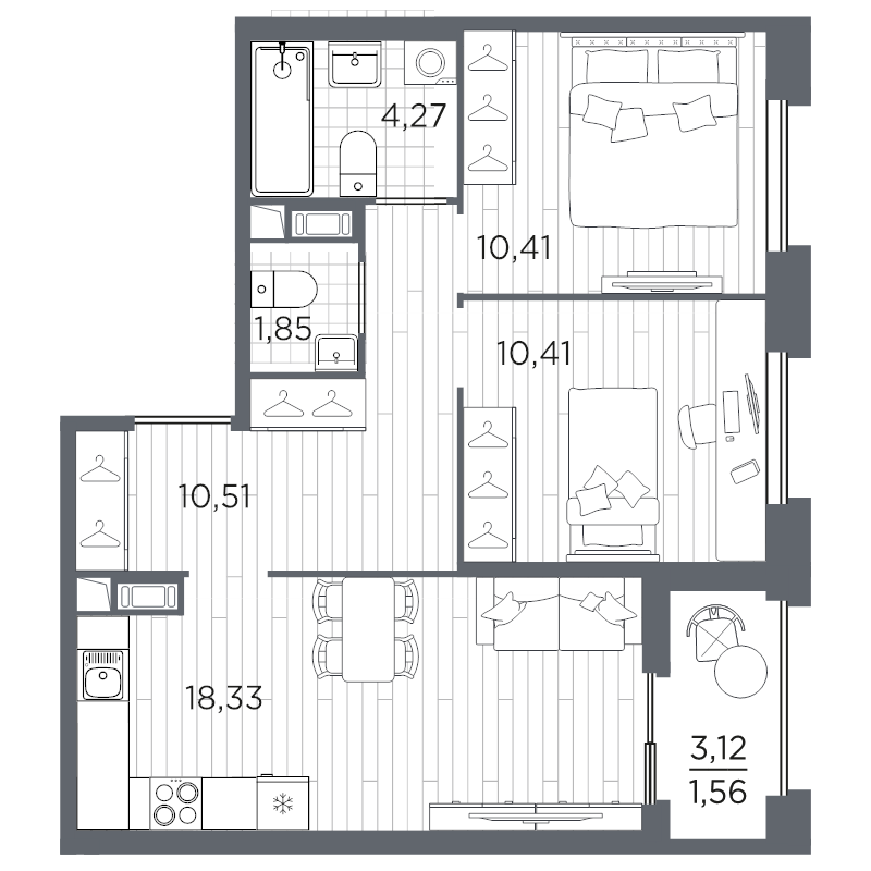 3-комнатная (Евро) квартира, 57.34 м² в ЖК "Оптимист" - планировка, фото №1