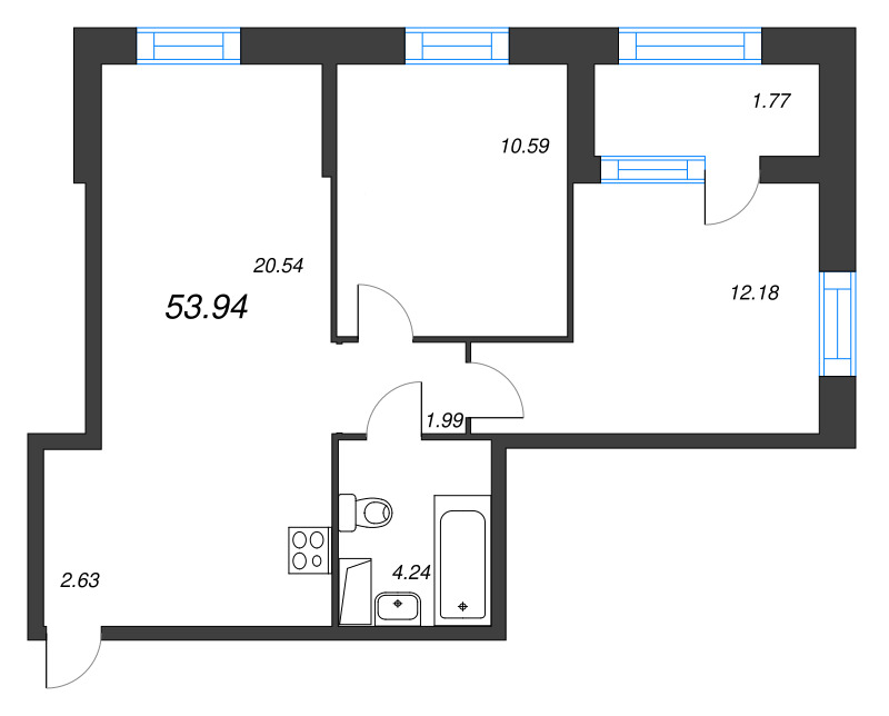 3-комнатная (Евро) квартира, 53.94 м² в ЖК "ORO by Akvilon" - планировка, фото №1