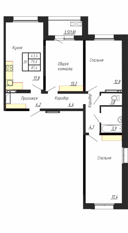 4-комнатная (Евро) квартира, 81.4 м² - планировка, фото №1