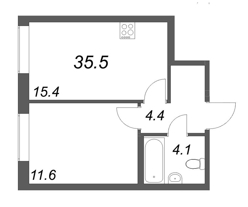 2-комнатная (Евро) квартира, 35.5 м² - планировка, фото №1