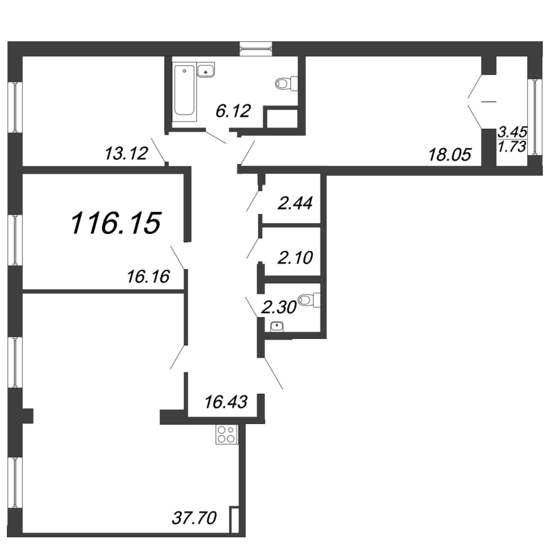 4-комнатная (Евро) квартира, 116.15 м² - планировка, фото №1