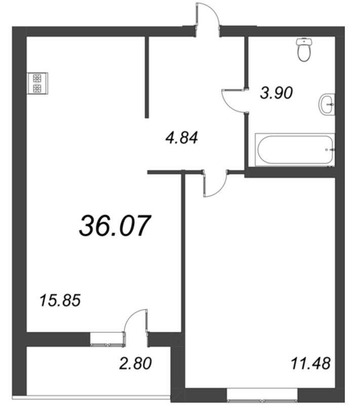 2-комнатная (Евро) квартира, 36.07 м² - планировка, фото №1
