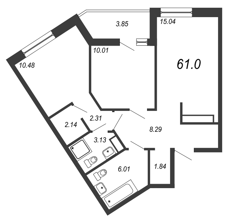 3-комнатная (Евро) квартира, 61.7 м² - планировка, фото №1