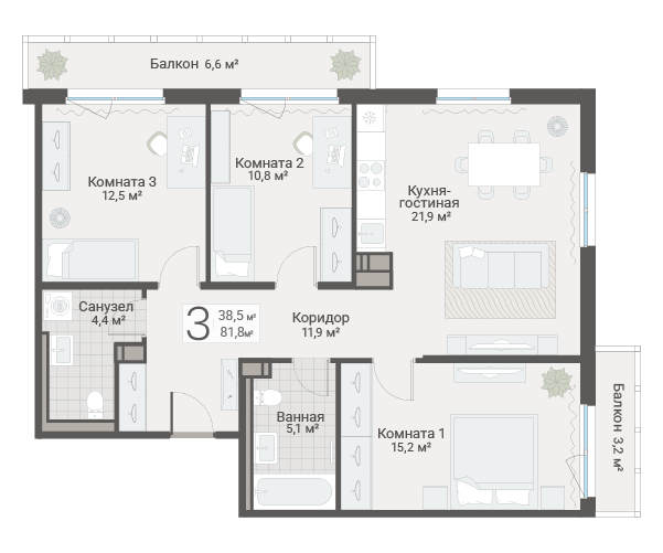 4-комнатная (Евро) квартира, 81.8 м² в ЖК "Руднева 15" - планировка, фото №1