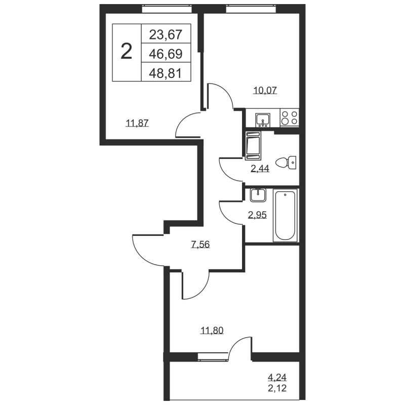 2-комнатная квартира, 48.81 м² - планировка, фото №1