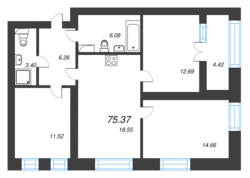 3-комнатная квартира, 75.37 м² - планировка, фото №1
