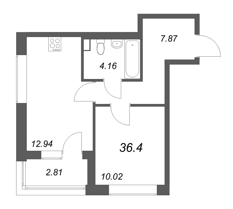 1-комнатная квартира, 36.4 м² в ЖК "Аурум" - планировка, фото №1