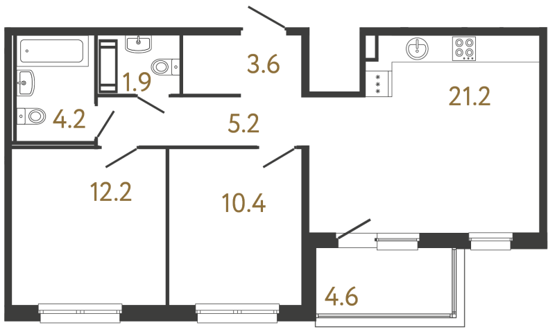3-комнатная (Евро) квартира, 58.7 м² в ЖК "Передвижники" - планировка, фото №1