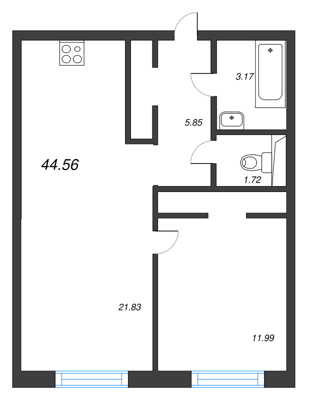 2-комнатная (Евро) квартира, 44.56 м² в ЖК "Legenda Васильевского" - планировка, фото №1