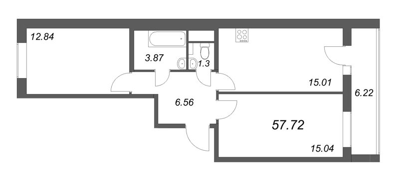 3-комнатная (Евро) квартира, 57.72 м² - планировка, фото №1