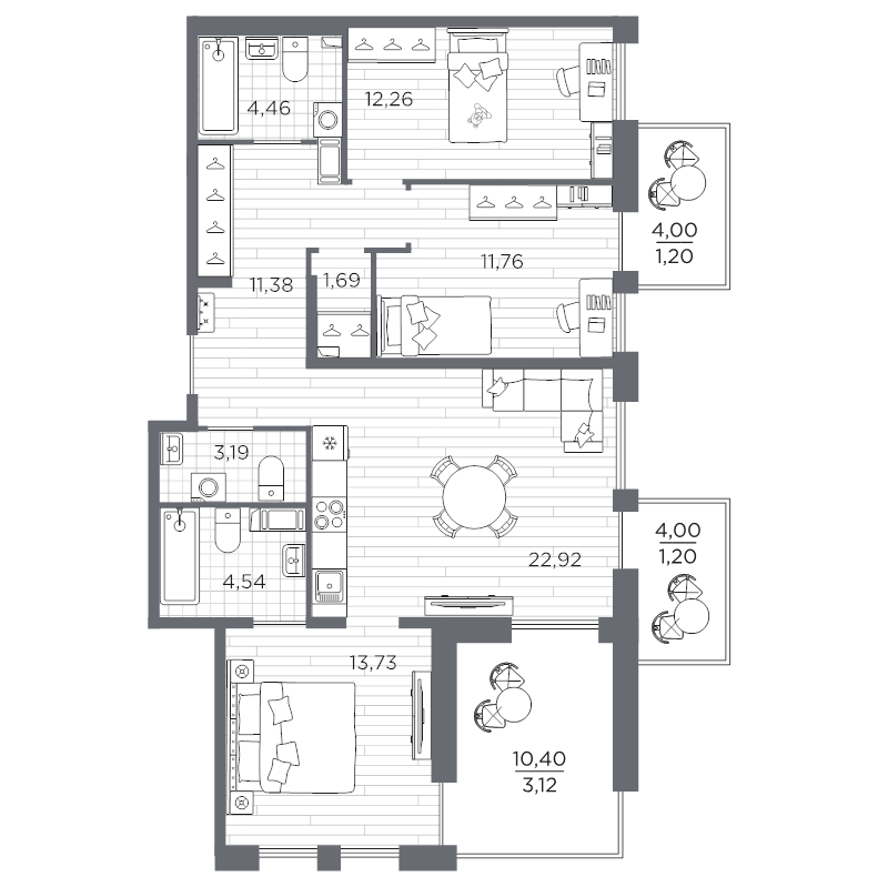 3-комнатная квартира, 91.45 м² в ЖК "Сезоны" - планировка, фото №1